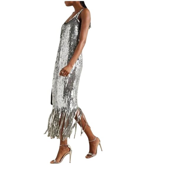 SIMKHAI Ayala Gown Silver Sequin Fringe Dress NWT  - Size 2 - Picture 12 of 14